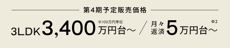 第4期予告販売価格 3LDK 3,400万円台～ ※100万円単位 ／ 月々返済 5万円台～